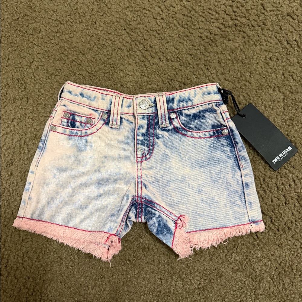 True Religion Pink & Bleach Acid Wash Denim Shorts - Girls